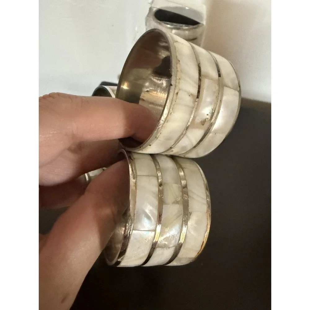 Mother of Pearl‎ Silver Tone Metal Napkin Rings Holders Vintage Set Of 8